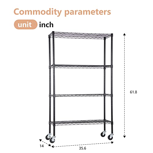 BestOffice | 4-Tier Wire Storage Shelves with Wheels | 36x14x62 | Black | Adjustable Racks | Heavy-Duty Metal Shelf, Holds Upto 500 lbs | No-Tool Assembly | Ideal for Home & Garage Shelving - color: Black, size: 36"D x 14"W x 62"H