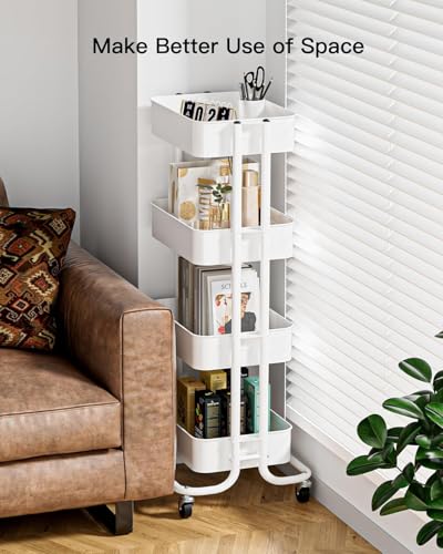 Pipishell 4 Tier Metal Rolling Utility Cart, Heavy-Duty Storage Rolling Cart with 2 Lockable Wheels, Multifunctional Mesh Organization Utility Cart for Kitchen Dining Room Living Room, PIUC13W - color: White, size: 4 Tier