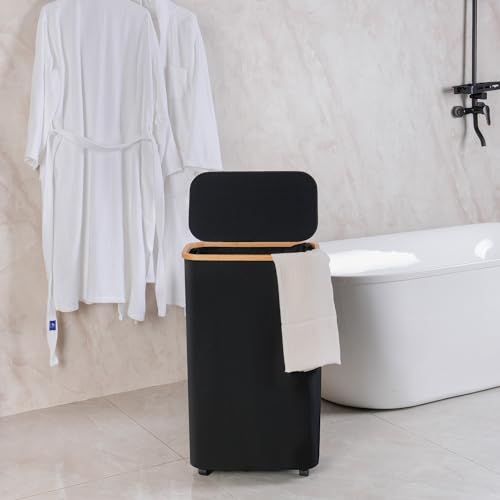 efluky Slim Laundry Basket with Wheels, Narrow Rolling Laundry Hamper with Lid and Removable Bag, Aesthetic Dirty Clothes Hamper on Wheels for Laundry Room, Bedroom, Dorm and Bathroom, 75L Dark Black