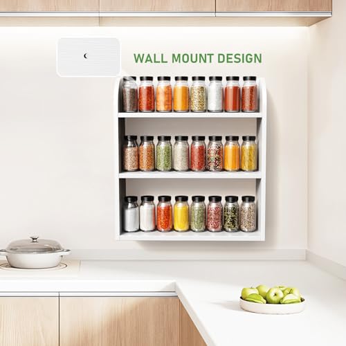 ROMGUAR CRAFT 3 Tier Bamboo Spice Rack, Countertop or Wall Mounting Wood Spice Jars Organizer Shelf for Kitche, Pantry (White) - color: White, size: 3 Tier