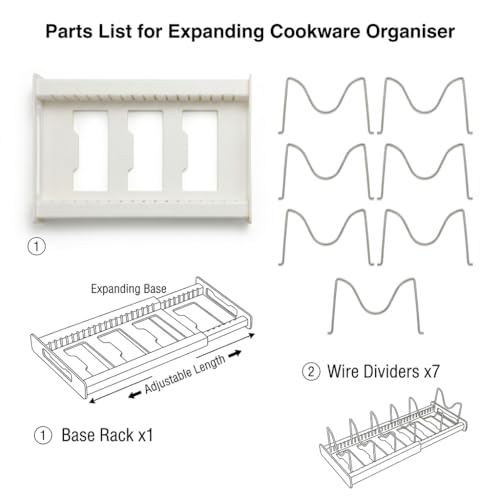 OMIO Expandable Pots and Pans Organizer Rack Under Cabinet, 12"-22" Adjustable Lid Holder with 7 Stainless Steel Dividers, White ABS Kitchen Storage for Lids, Pans, Cutting Boards - color: White Gray