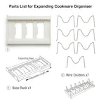 OMIO Expandable Pots and Pans Organizer Rack Under Cabinet, 12"-22" Adjustable Lid Holder with 7 Stainless Steel Dividers, White ABS Kitchen Storage for Lids, Pans, Cutting Boards - color: White Gray