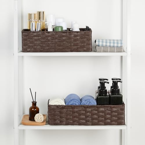 Bidtakay Narrow Hand-woven Wicker Storage Bins Small baskets for Organizing 2-Pack Waterproof Imitation Wicker Baskets for Storage Long Storage Basket for Shelf Washroom Basket Reddish Brown - color: Reddish-brown