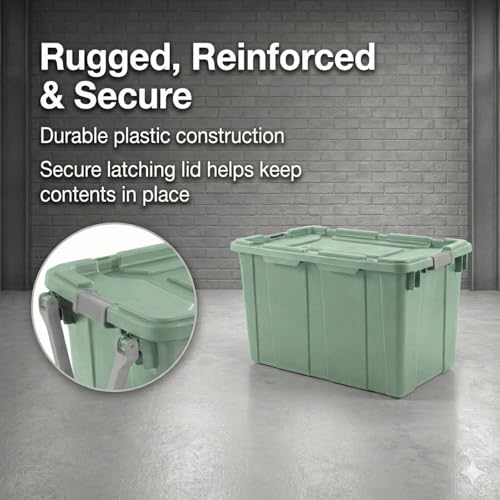 40 Gallon Wheeled Storage Tote with Lid – Heavy Duty Rolling Storage Bin with Ergonomic Handle & Secure Latches – Large Plastic Stackable Container for Garage Basement Workshop (Green) - size: Green