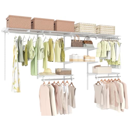 Tangkula 4 to 8 FT Custom Closet System, Wall Mounted Closet with Hanging Rod, Metal Hanging Storage Organizer Rack Wardrobe with Shelves, Adjustable Closet System Kit for Bedroom (White) - color: White, size: 4 to 8 FT