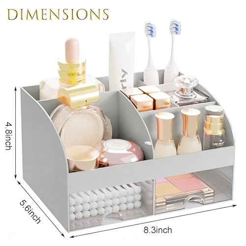 Makeup Organizer with 2 Drawers, Cosmetic Storage for Dresser Vanity and Bathroom Countertop,Make up organization and Skincare Storage with Beauty Brush Holder, Cosmetic Display Case (Grey) - color: Grey
