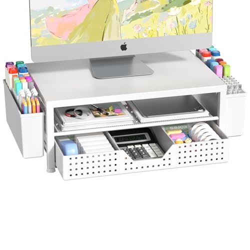 Wood Metal Monitor Stand Riser, Laptop Stand for Desk, Office Desk Organizer and Accessories, Computer Desktop Shelf with Drawer and Pen Holder, Printer Stand for Home, Office, Dorm (White Wood) - color: White Wood