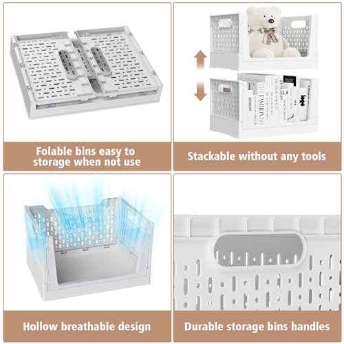 Stackable Storage Bins, Folding Collapsible Closet Organizers and Storage Bins Box, Plastic Shelves Drawer Organizer Container for Closet Office Bedroom Kitchen Bathroom with Wheels, White, 3 Pack