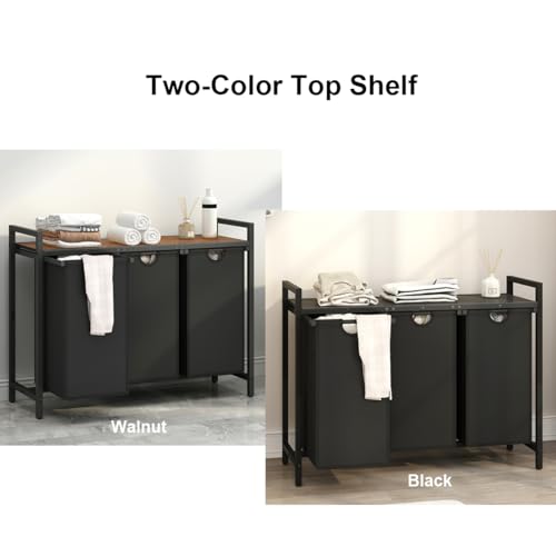 Laundry Hamper, Two -Color 3 Section Laundry Basket with 3 Removable Laundry Sorter Bags and Top Shelf, Clothes Hamper for Laundry Room, Bathroom - style: 3bags-Black Walnut