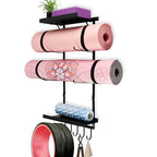 Yoga Mat Holder Wall Mount, Yoga Mats Rack with Double Floating Shelves, Yoga Accessory Storage Rack with 5 Hooks for Resistance Bands and Workout Equipment for Home Gym Storage, Black