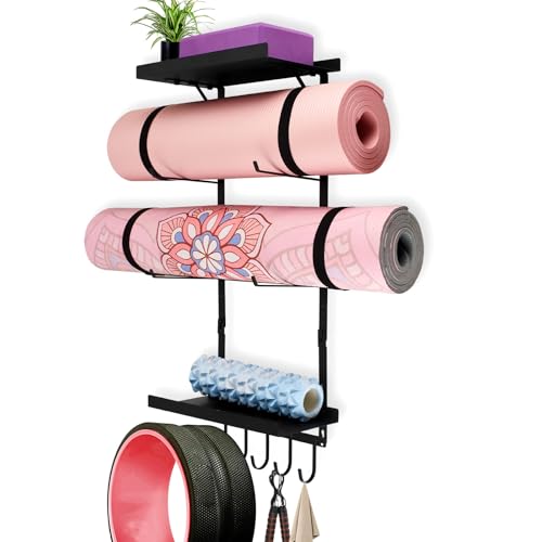 Yoga Mat Holder Wall Mount, Yoga Mats Rack with Double Floating Shelves, Yoga Accessory Storage Rack with 5 Hooks for Resistance Bands and Workout Equipment for Home Gym Storage, Black