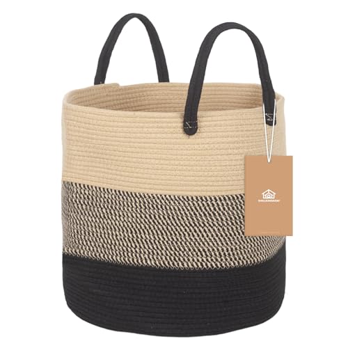 ShellKingdom Laundry Basket, Large Natural Rope Woven Storage Basket with Handles for Home, Living Room, Laundry, Storage Organizer for Blankets, Clothes, Toys, 19.7 x 14.9 INCH (3-Toned Khaki Black) - color: 3-Toned Khaki Black, size: 58L