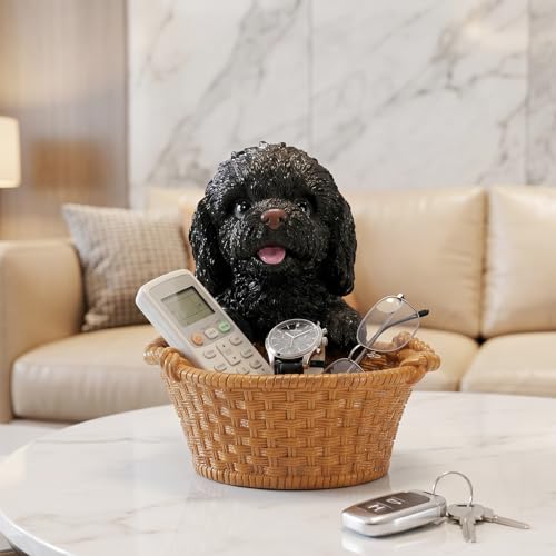 Bedside Nightstand Tray & Catchall Organizer Bowl Featuring Black Poodle - Dog Statue Valet Tray for Watches Wallet & Keys - Sleek Room Decor Accessory - color: Poodle with Wide Bowl - Black, size: Poodle