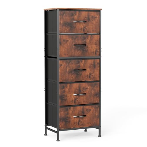 DUMOS Nightstand with 5 Drawers Bedside Table with Removable Fabric Bins Sturdy Steel Frame Wood Top Organizer Furniture for Bedroom Closet Living Room, Brown - color: Brown, size: 15.69"W x 11.8"D x 47.7"H(5 Drawers)