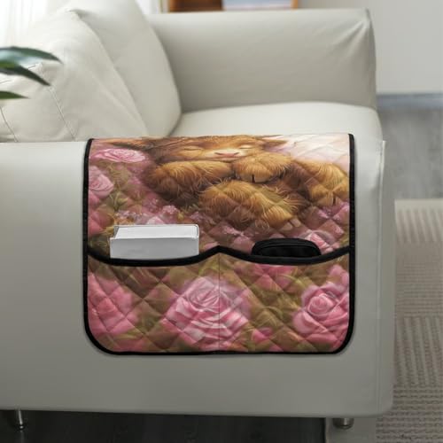 Highland Cattle Rose Daisy Butterfly Print Couch Arm Covers with Pockets Recliner Armrest Cover Furniture Covers Washable Sofa Furniture Protector with 2 Pockets - color: Highland Cattle Rose Daisy Butterfly