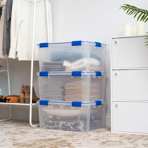 IRIS USA WeatherPro 60 Qt Storage Bins with Lids, 3 Pack, BPA-Free Plastic Gasket Box with Tight Latch and Seal, Stackable Nestable Tote Tub - Clear/Blue - size: 60 Qt. - 3 Pack