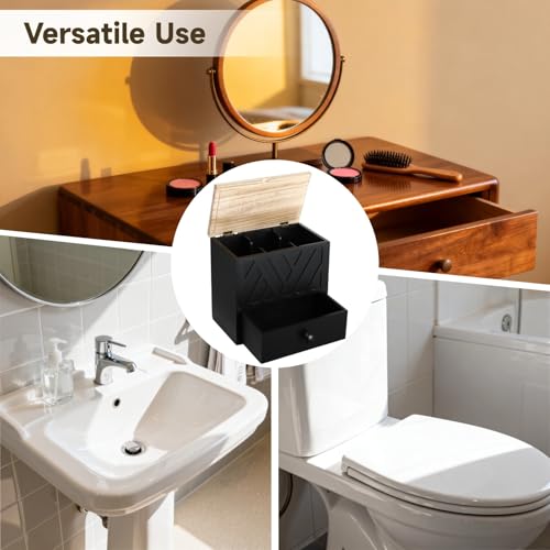 Feminine Product Organizer with Drawer, Wooden Tampon Holder for Bathroom with Flip Lid, Multi Compartment Storage Box for Pads Cotton Swabs Toiletries, 9.4 x 5.7 x 8.9 in