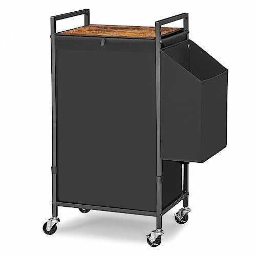 Laundry Hamper with Rustic Brown Lid & Wheels; 96L Large Rolling Laundry Basket with Removable Oxford Liner Bag; Tall Freestanding Dirty Clothes Hamper with Side Pocket; Metal Frame Laundry Cart - color: Black