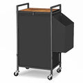 Laundry Hamper with Rustic Brown Lid & Wheels; 96L Large Rolling Laundry Basket with Removable Oxford Liner Bag; Tall Freestanding Dirty Clothes Hamper with Side Pocket; Metal Frame Laundry Cart - color: Black