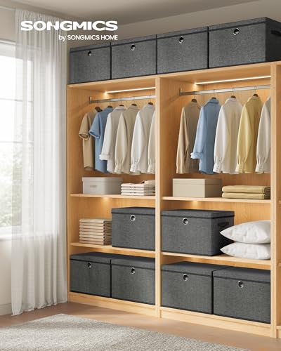 SONGMICS Storage Bins with Lids, 3 Pack Stackable Fabric Storage Boxes, Odorless PP Sheets, Foldable Cube Baskets Organizers with Handles, 16.9 x 11.8 x 11.8 Inches, Slate Gray URFB545GN01 - color: Slate Gray, size: 16.9"L x 11.8"W x 11.8"H