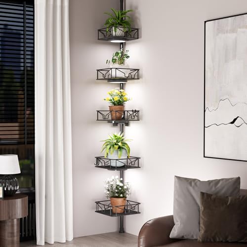 Skycarper 5 Tier Adjustable Corner Shower Caddy Organizer with Hooks,Rustproof Tension Pole 62-116 Inch, Black - color: Black