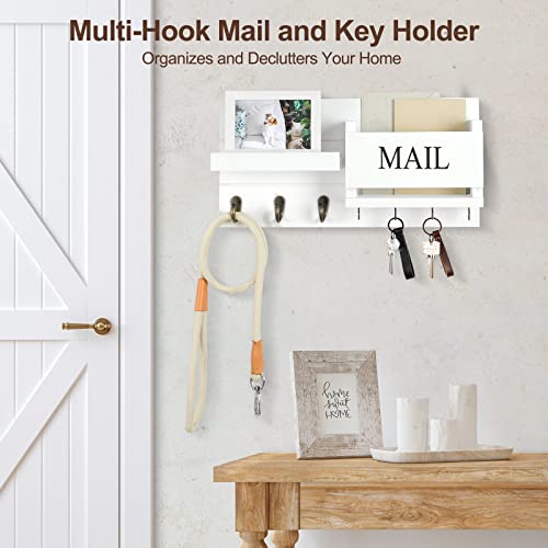 Lwenki Mail Organizer for Wall Mount – Key Holder with Shelf Includes Letter Holder and Hooks for Hallway Farmhouse Decor – Rustic Wood with Flush Mounting Hardware (16.5” x 9.1” x 3.4”) (White) - color: White
