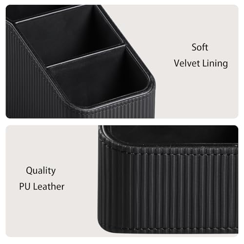 Remote Control Holder, PU Leather Nightstand Organizer Bedside Caddy with 3 Compartments, Small Desk Organizer for Remote/Pen/Glasses/Phone (Black) - color: Black