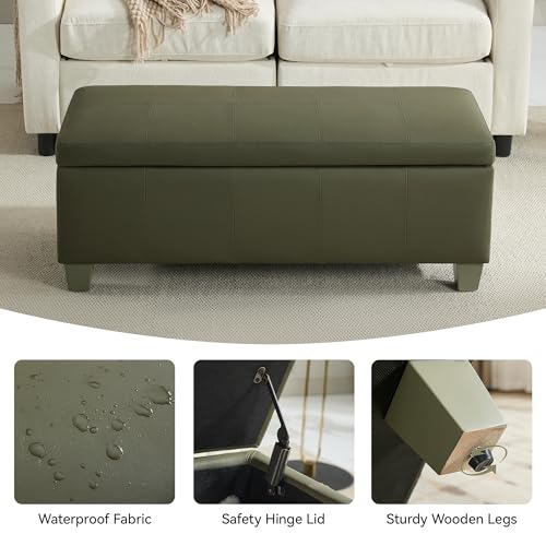 WUTUTUEE 41" Faux Leather Storage Ottoman, Stitch Tufted Rectangle Upholstered End of Bed Storage Bench, Entryway Large Couch Ottoman with Wooden Legs,Green - color: Green, size: 41 Inch