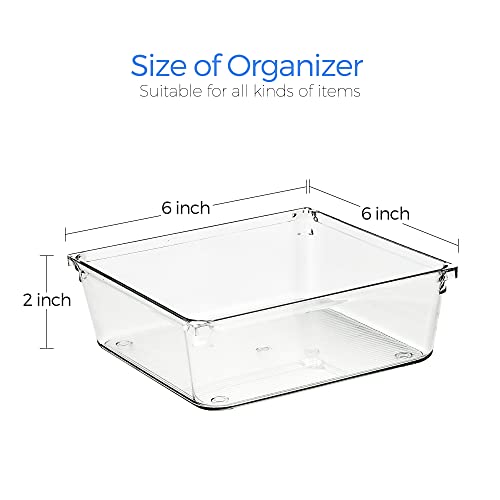 Ravinte 6 Pack Drawer Organizer - 6" X 6" Plastic Storage Bins, Acrylic Organizers with Non-Slip Pads Clear Desk Storage Tray for Makeup, Jewelries, Kitchen Utensils, Bathroom and Office - size: 6" x 6"