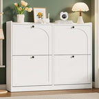 ONBRILL Shoe Cabinet with 4 Flip Drawers, Freestanding Ultra Slim Hidden Shoe Organizer with Classic Arched Pattern, 16-24 Pairs Shoe Storage Cabinet for Entryway Hallway Living Room (White) - color: White
