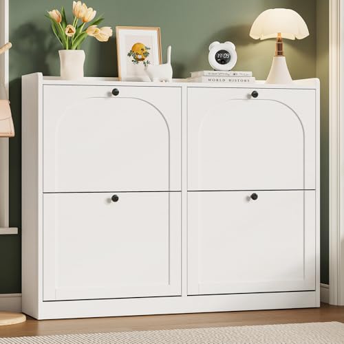 ONBRILL Shoe Cabinet with 4 Flip Drawers, Freestanding Ultra Slim Hidden Shoe Organizer with Classic Arched Pattern, 16-24 Pairs Shoe Storage Cabinet for Entryway Hallway Living Room (White) - color: White