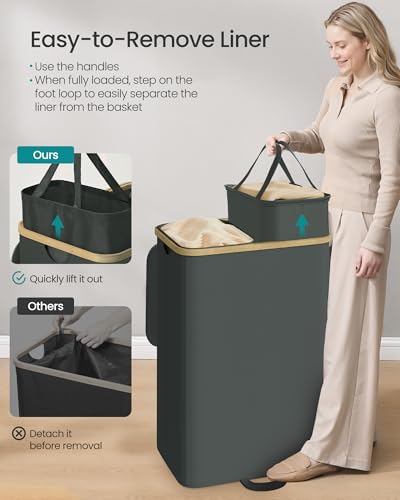 SONGMICS Laundry Hamper, Laundry Sorter with Lid, Storage Basket Bin, Removable Liners, Bamboo Frame, for Bedroom, 2 Sections, 39.6 Gal. (150 L), Slate Gray ULCB532GN01 - color: Slate Gray, size: 150 L (2-Section)