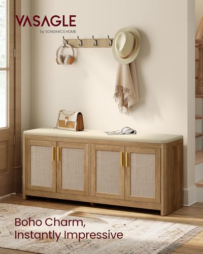 VASAGLE ELLAN Collection - Boho Shoe Bench with Cushion, Entryway Storage Bench with 4 Rattan-Look Cabinet Doors, Rounded Corners, Adjustable Shelf, for Bedroom Under Window, Natural Brown ULSB502KC01 - color: Natural Brown, size: 13.8"D x 47.2"W x 20.9"H