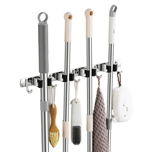 Broom Holder Wall Mount, Stainless Steel Broom Hanger Wall Mount, Heavy Duty Mop and Broom Holder Tool Racks Utility Hooks for Laundry Room Garden Garage, Black (4 Racks and 5 Hooks) - color: Black, size: 1Pack 4R5H