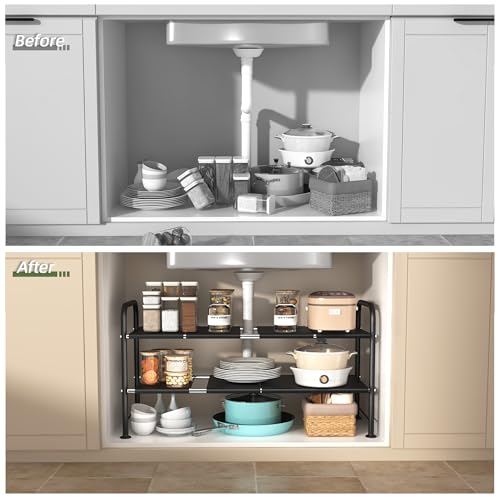 NETEL Under Sink Organizers and Storage,2 Tier Shelf Under Bathroom Sink,Cabinet Organizer with 8 Removable Carbon Steel Panels，Partition Height Adjustable,(27.36-36.02)" W x 12.28" D x 16.93" H - size: 8 thickened iron plates(12.28"deep)