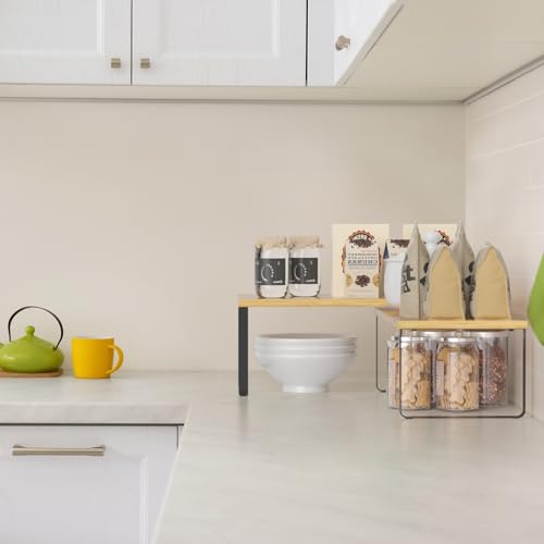 NEX Cabinet Shelf Organizer Set of 2, Kitchen Counter Shelves Spice Rack, Stackable, Expandable, Kitchen Pantry Cupboard Storage Organization, Black and Natural - color: Black + Natural Beige, size: 15.6''W