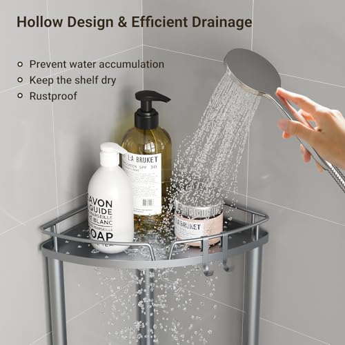 ELYKEN Corner Shower Caddy Standing, 4 Tier Rustproof Metal Shower Organizer with Soap Holder, Floor Shower Corner Shelf Rack Storage Stands with Adjustable Feet & 2 Hooks for Bathroom, Silver - color: Silver, size: 4 Tier