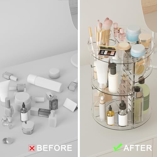 Rotating Makeup Organizer, DIY 8 Adjustable Layers Spinning Skincare Storage, Cosmetic Display Case with Brush Holder and Perfume Tray, Multi-Function Vanity Bathroom Countertop Organizer Clear - color: Clear
