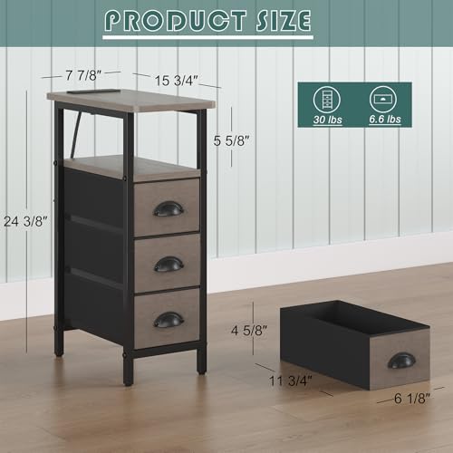 sthmec End Table with Charging Station,Narrow Side Tables with USB Ports and Outlets,Skinny Bedside Tables with 3 Drawers,Small Tables Nightstands for Small Space,Slim Sofa Table for Livingroom,Grey - color: Grey, size: 7.88'' W*15.75'' D*24.3'' H, style: