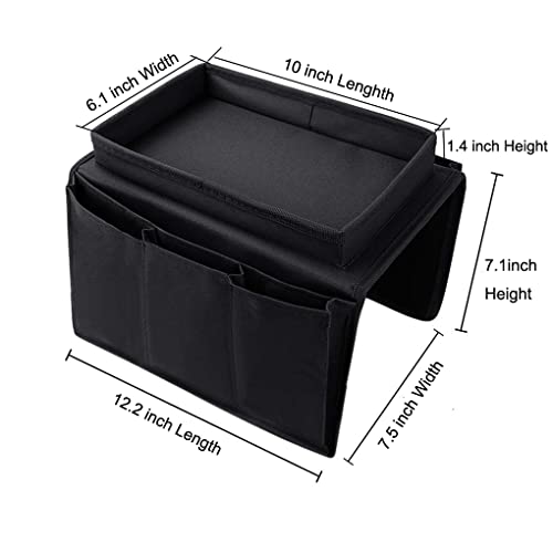 Sofa Armrest Organizer with Cup Holder Tray Chair Arm TV Remote Holder for Recliner Couch Armchair Caddy Bedside Storage Pockets Bag for Cellphone Tablet Book Magazines Drinks Pouch - color: Black, with Top Tray