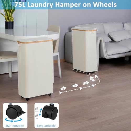 efluky Slim Laundry Hamper with Wheels, Narrow Laundry Basket with Lid and Removable Bag, Aesthetic Dirty Clothes Hamper on Wheels for Laundry Room, Bedroom, Dorm and Bathroom, 75L Beige - color: Beige, size: 75L
