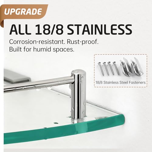 KES Glass Corner Shelf with Hooks 18/8 Stainless Steel, Tempered Glass Bathroom Corner Shelf with Rail, Shower Glass Shelf 2 Pack Wall Mounted, Polished Finish, BGS2101A-P2 - color: Polished Finish