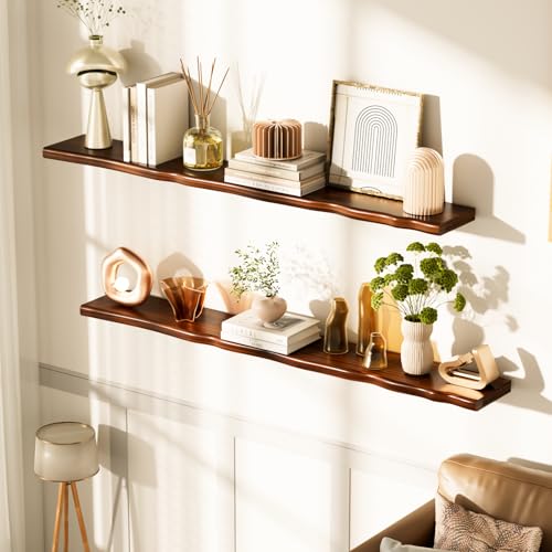 Floating Shelves for Wall Rustic Farmhouse 55 Inch Floating Shelf Bathroom Wooden Shelves for Wall Mounted Live Edge Pine Shelf with Unique Natural Grain for Living Room Bedroom Kitchen (Walnut) - color: Walnut, size: 55 inch - 1pc