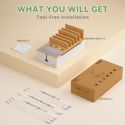 Pezin & Hulin Bamboo Cable Management Box, Wire Organizers for Cords, Charge Station Box, Desktop Dock Organizer Rack for Electronic Device (Include 6 Cables)(No Power Adapter) -Natural + White - color: Natural + White (No Charger)