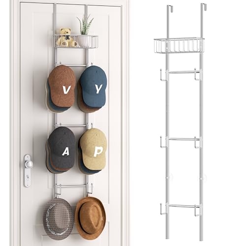 HapiRm Over Door Hat Rack - Wall Mounted Hat Organizer with 6 Hooks and Metal Basket Design, Baseball Cap Organizer Storage Holder Up to 32 Caps for Door, Bedroom, Closet (Sliver) - color: Sliver, size: 1 Pack