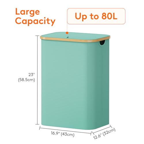 Lifewit 80L Laundry Basket with Lid, Clothes Hampers for Laundry with Bamboo Handles and 1 Removable Bag, Large Foldable Laundry Hamper for Bedroom, Bathroom, Dorm, Laundry Room, Sage Green - color: Sage Green, size: 80L