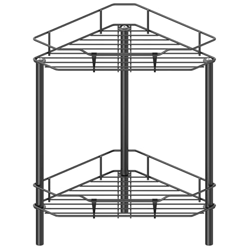 HuggieGems 2 Tier Floor Standing Corner Shower Caddy Organizer Shelf with Hooks, Bathroom Shelves Stand Rack, Black - color: Black, size: 2 Tier