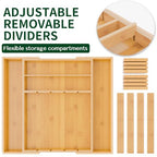 Dunruz Bamboo Expandable Drawer Organizer for Kitchen Utensils, Adjustable Silverware Tray with 9 Deep Slots for Large Spoons & Knives, Natural Wood Flatware Caddy for Cutlery Storage (Fits 13"-20")