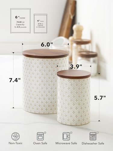 LE TAUCI Ceramic Kitchen Canister Set with Airtight Lids, Food Storage Containers for Flour, Sugar, Coffee - Large Embossed Jars for Pantry Storage & Countertop Decor - Set of 2 (78/25 oz), Clover