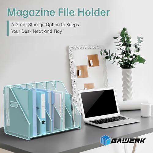MINDEPOT Desk File Organizer Metal Desk Magazine Folder Holder with 5 Vertical Compartments Rack File Organizer for Office, Home, School (Blue) - color: Blue
